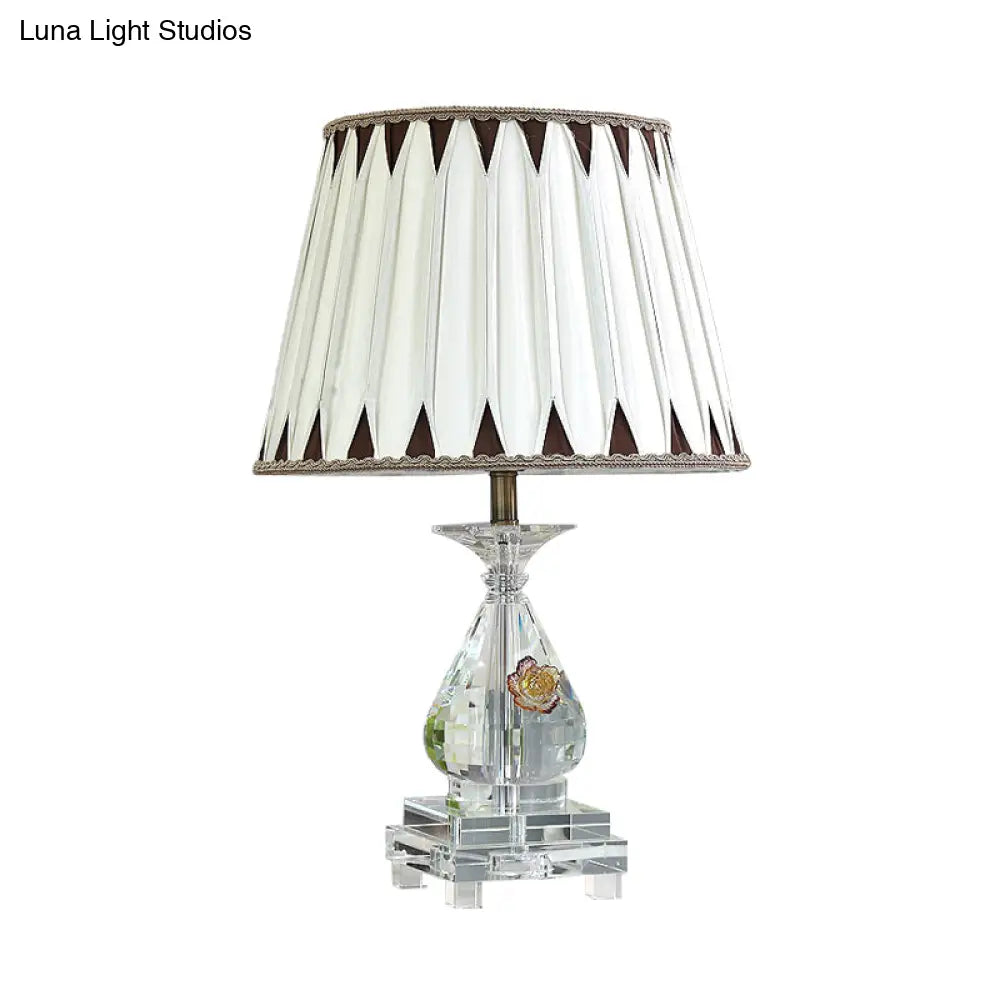 Rural Fabric Table Lamp With Crystal Base - Single Bulb Night Light In White Perfect For Bedroom