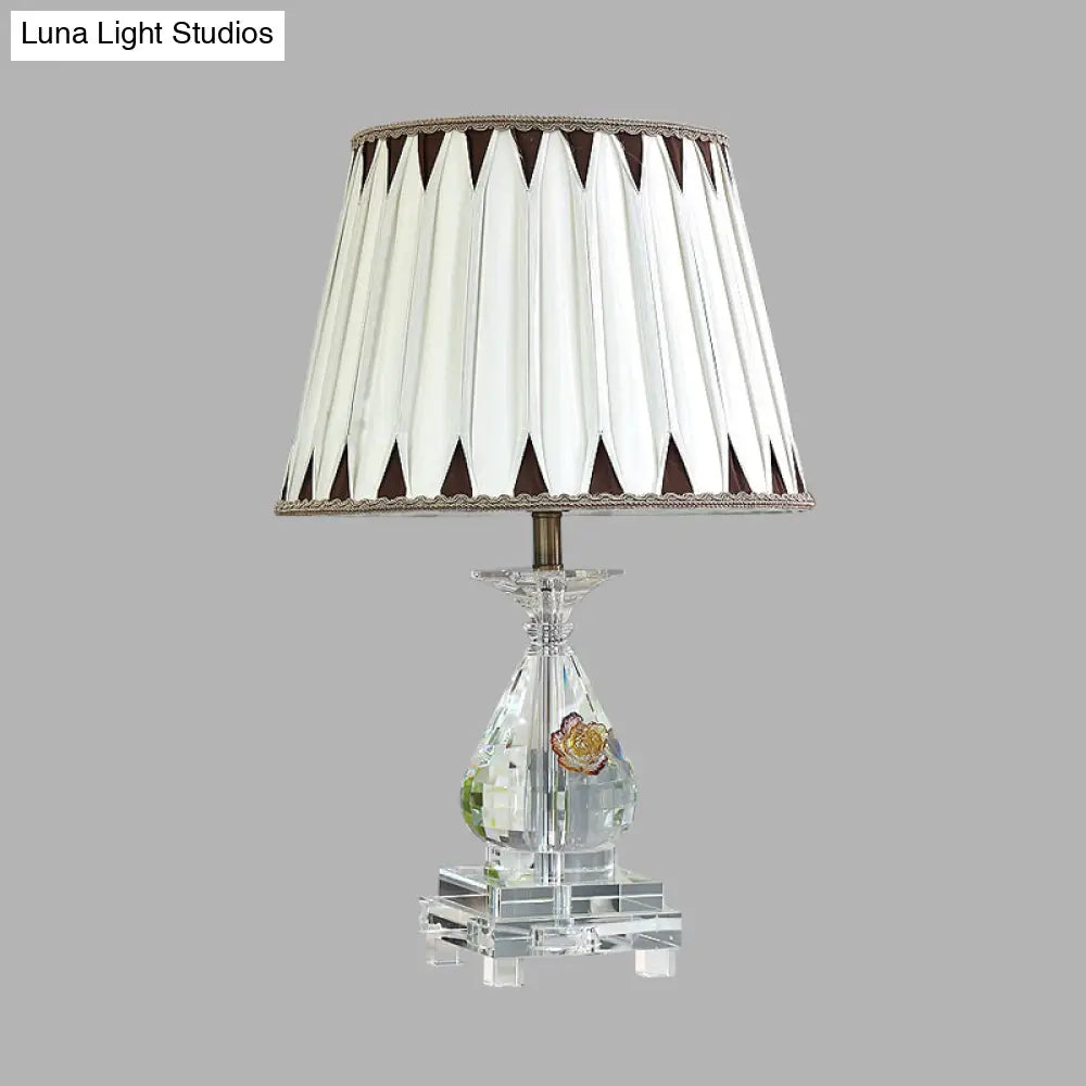 Rural Fabric Table Lamp With Crystal Base - Single Bulb Night Light In White Perfect For Bedroom