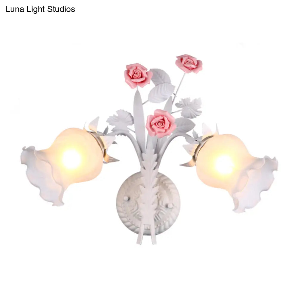 Rural Floral Sconce With 2 Opal Glass Lights And Bloom Deco In Green/White/Pink