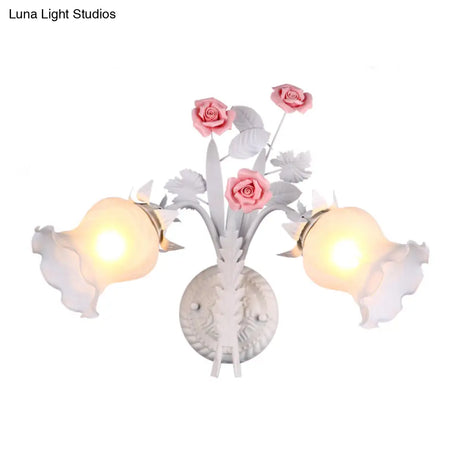 Rural Floral Sconce With 2 Opal Glass Lights And Bloom Deco In Green/White/Pink