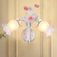 Rural Floral Sconce With 2 Opal Glass Lights And Bloom Deco In Green/White/Pink White