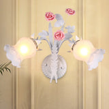 Rural Floral Sconce With 2 Opal Glass Lights And Bloom Deco In Green/White/Pink White