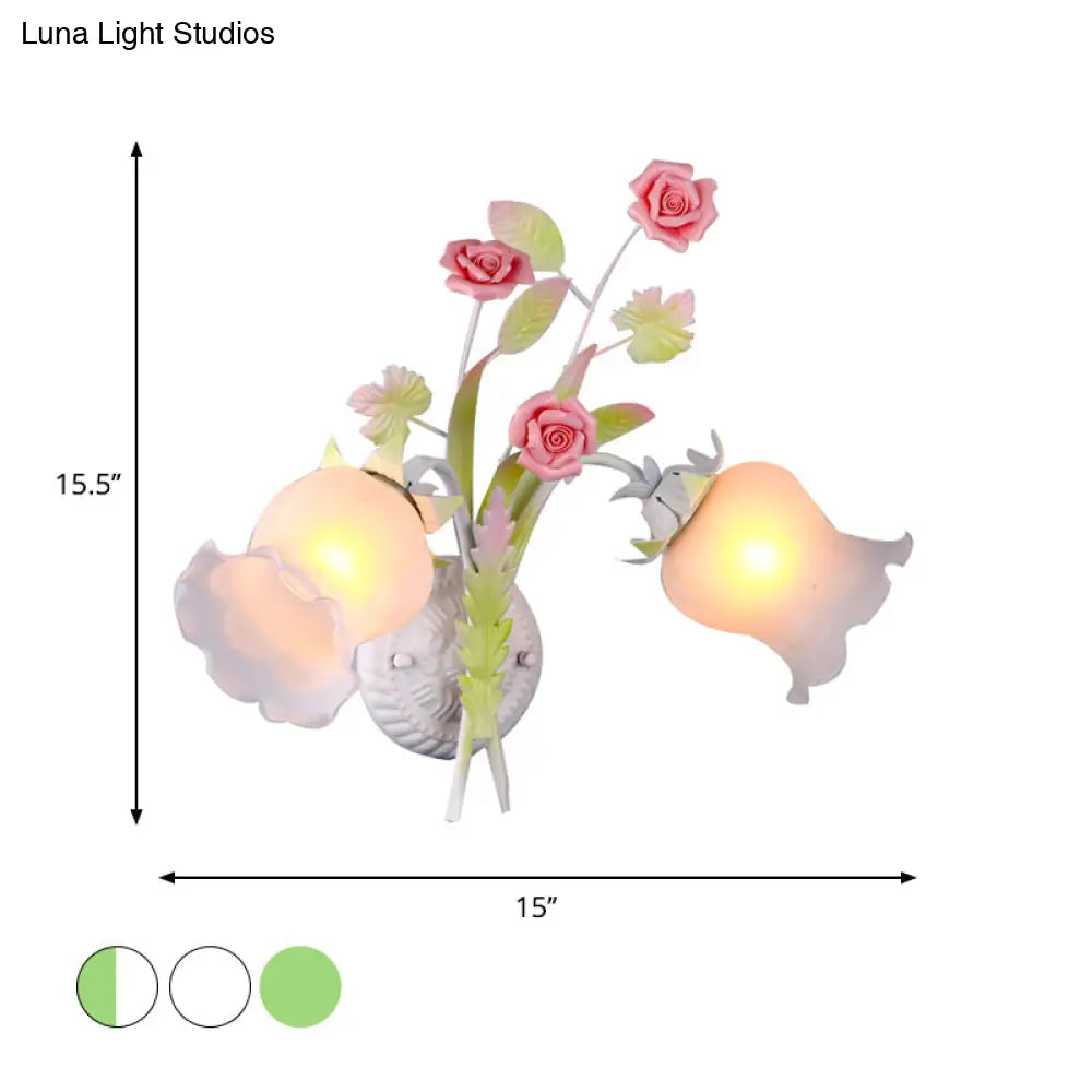 Rural Floral Sconce With 2 Opal Glass Lights And Bloom Deco In Green/White/Pink