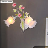 Rural Floral Sconce With 2 Opal Glass Lights And Bloom Deco In Green/White/Pink