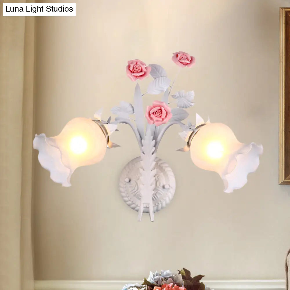 Rural Floral Sconce With 2 Opal Glass Lights And Bloom Deco In Green/White/Pink