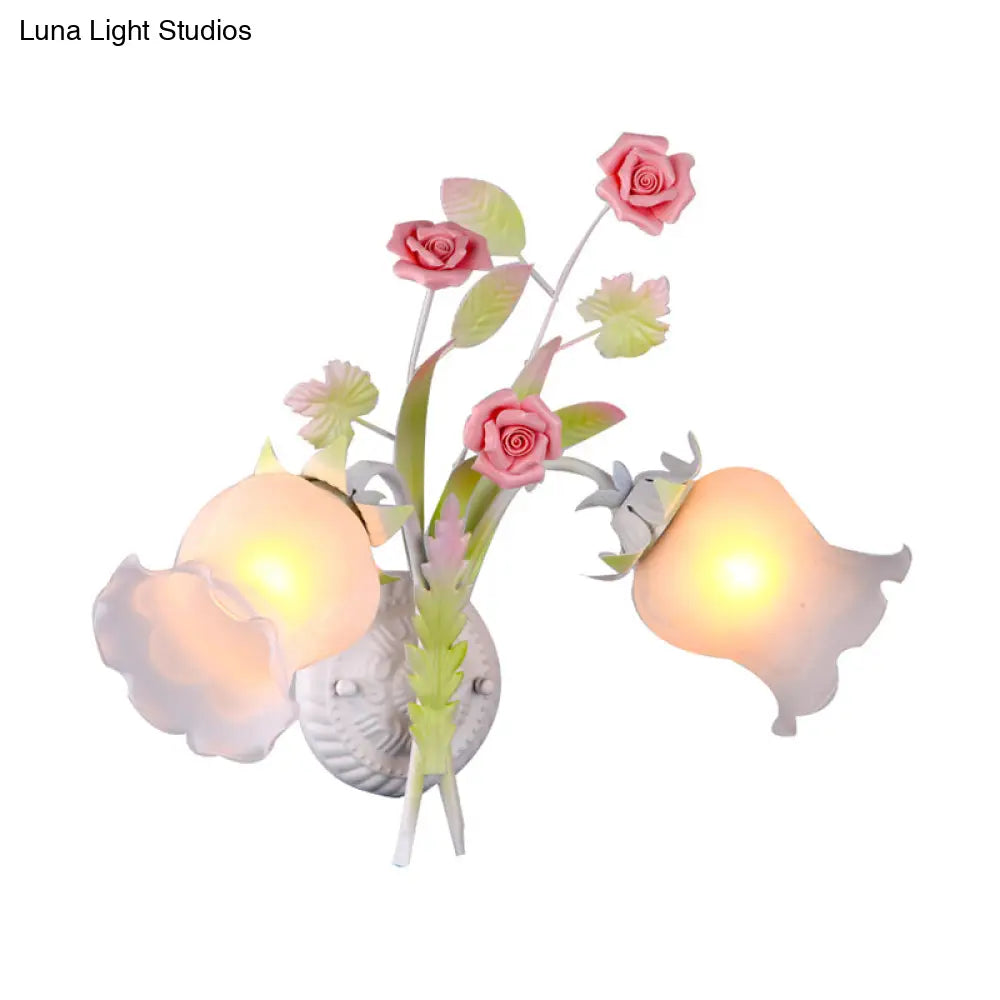 Rural Floral Sconce With 2 Opal Glass Lights And Bloom Deco In Green/White/Pink