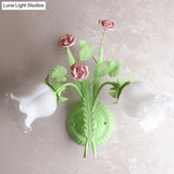 Rural Floral Sconce With 2 Opal Glass Lights And Bloom Deco In Green/White/Pink