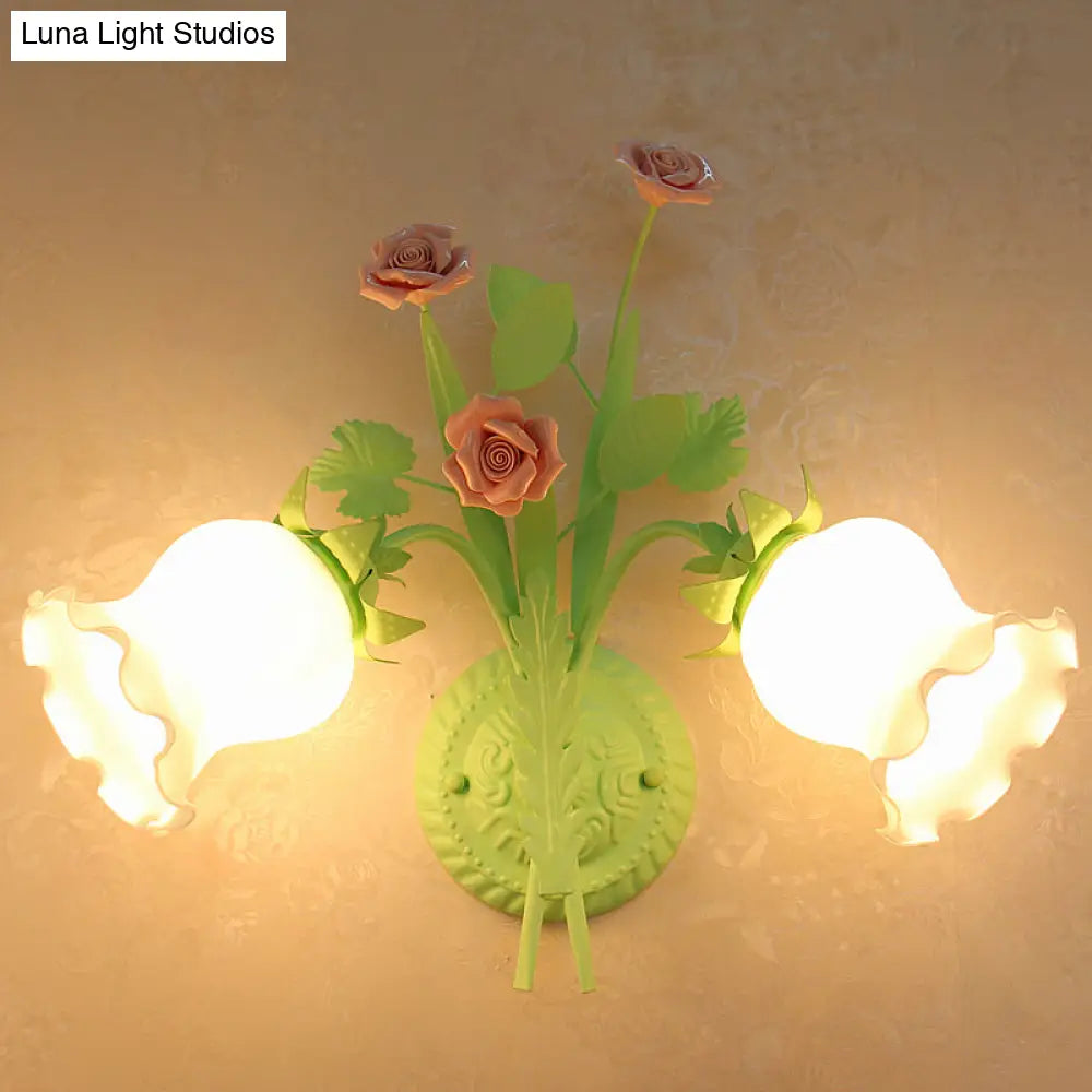 Rural Floral Sconce With 2 Opal Glass Lights And Bloom Deco In Green/White/Pink
