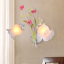 Rural Floral Sconce With 2 Opal Glass Lights And Bloom Deco In Green/White/Pink White-Green