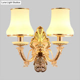 Rural Gold Glass Wall Sconce Light With Crystal Ball Droplet - 2 Heads Tapered Design