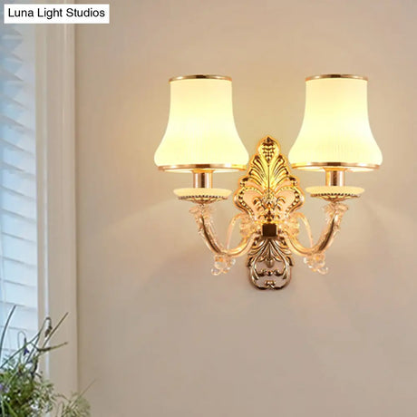Rural Gold Glass Wall Sconce Light With Crystal Ball Droplet - 2 Heads Tapered Design