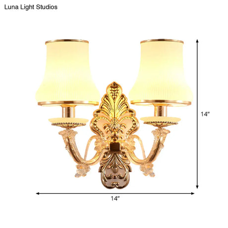 Rural Gold Glass Wall Sconce Light With Crystal Ball Droplet - 2 Heads Tapered Design