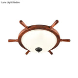 Rural Style Wood Frame 2 - Light Flush Mount With Opal Glass Bowl Shade