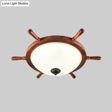 Rural Style Wood Frame 2 - Light Flush Mount With Opal Glass Bowl Shade