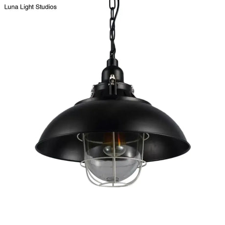 Rustic 1-Light Bistro Hanging Lamp - 12’/16’ Metal Pendant Lighting With Wire Cage And Clear
