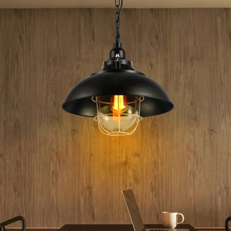 Rustic 1-Light Bistro Hanging Lamp - 12’/16’ Metal Pendant Lighting With Wire Cage And Clear