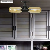 Rustic 2 - Bulb Amber Glass Semi Mount Ceiling Light In Matte Black - Dining Room Lighting With