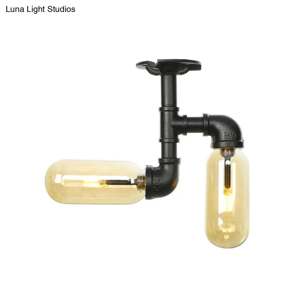Rustic 2 - Bulb Amber Glass Semi Mount Ceiling Light In Matte Black - Dining Room Lighting With