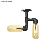 Rustic 2 - Bulb Amber Glass Semi Mount Ceiling Light In Matte Black - Dining Room Lighting With