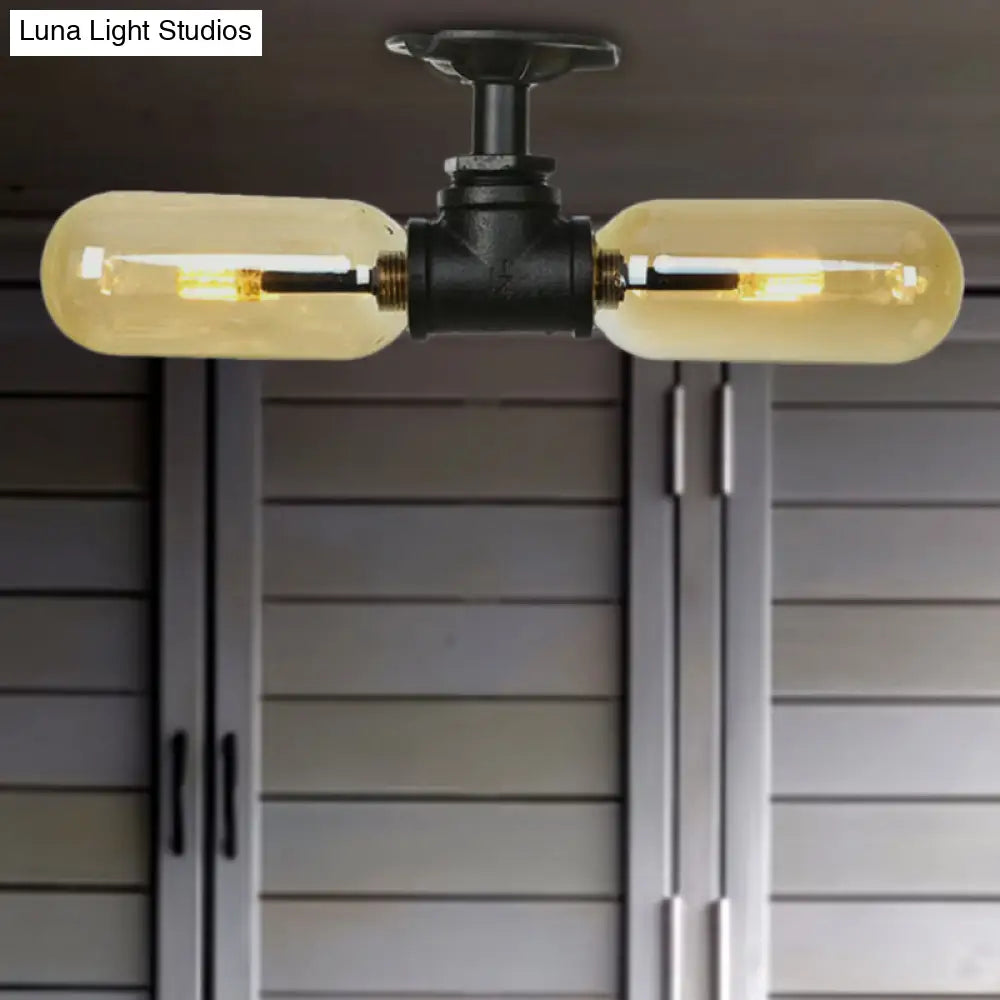 Rustic 2 - Bulb Amber Glass Semi Mount Ceiling Light In Matte Black - Dining Room Lighting With