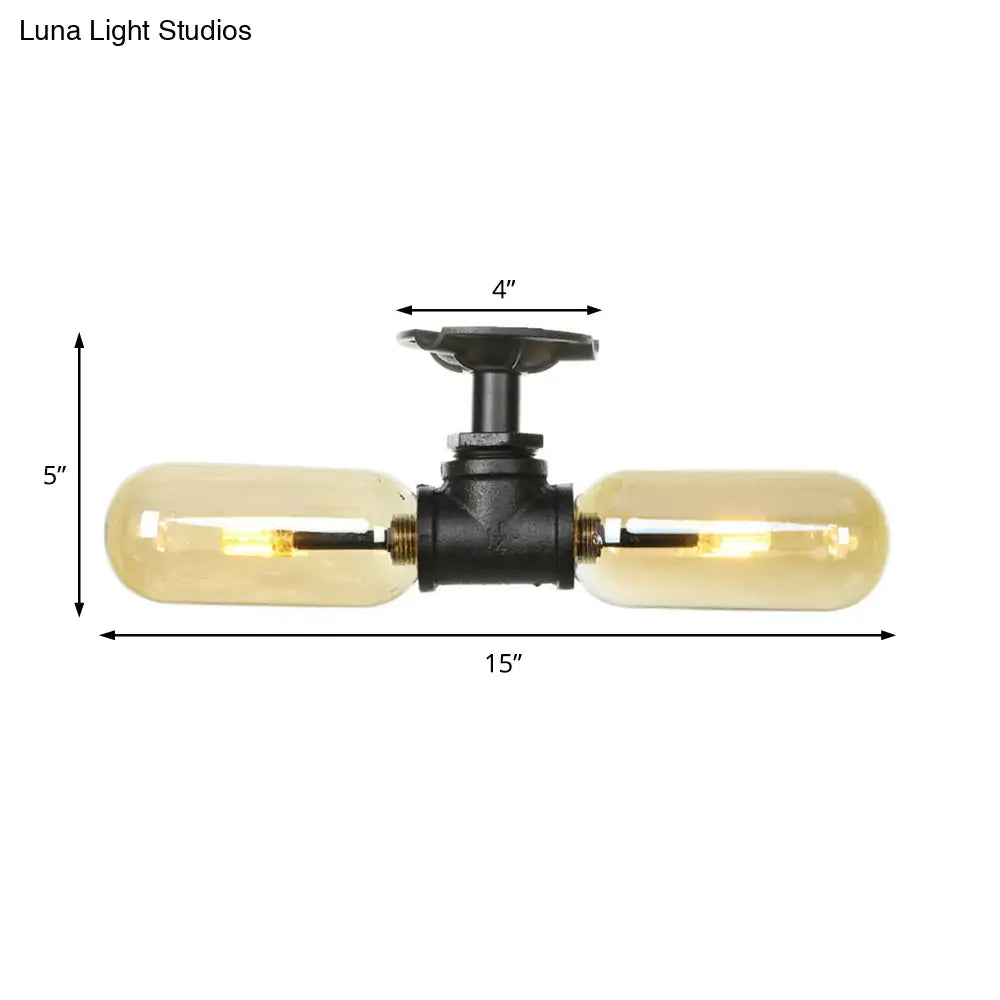 Rustic 2 - Bulb Amber Glass Semi Mount Ceiling Light In Matte Black - Dining Room Lighting With