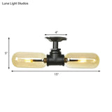Rustic 2 - Bulb Amber Glass Semi Mount Ceiling Light In Matte Black - Dining Room Lighting With