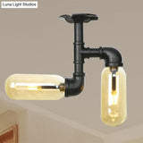 Rustic 2 - Bulb Amber Glass Semi Mount Ceiling Light In Matte Black - Dining Room Lighting With