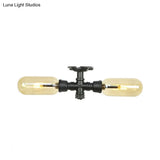Rustic 2 - Bulb Amber Glass Semi Mount Ceiling Light In Matte Black - Dining Room Lighting With
