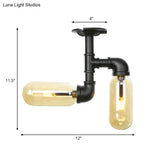 Rustic 2 - Bulb Amber Glass Semi Mount Ceiling Light In Matte Black - Dining Room Lighting With