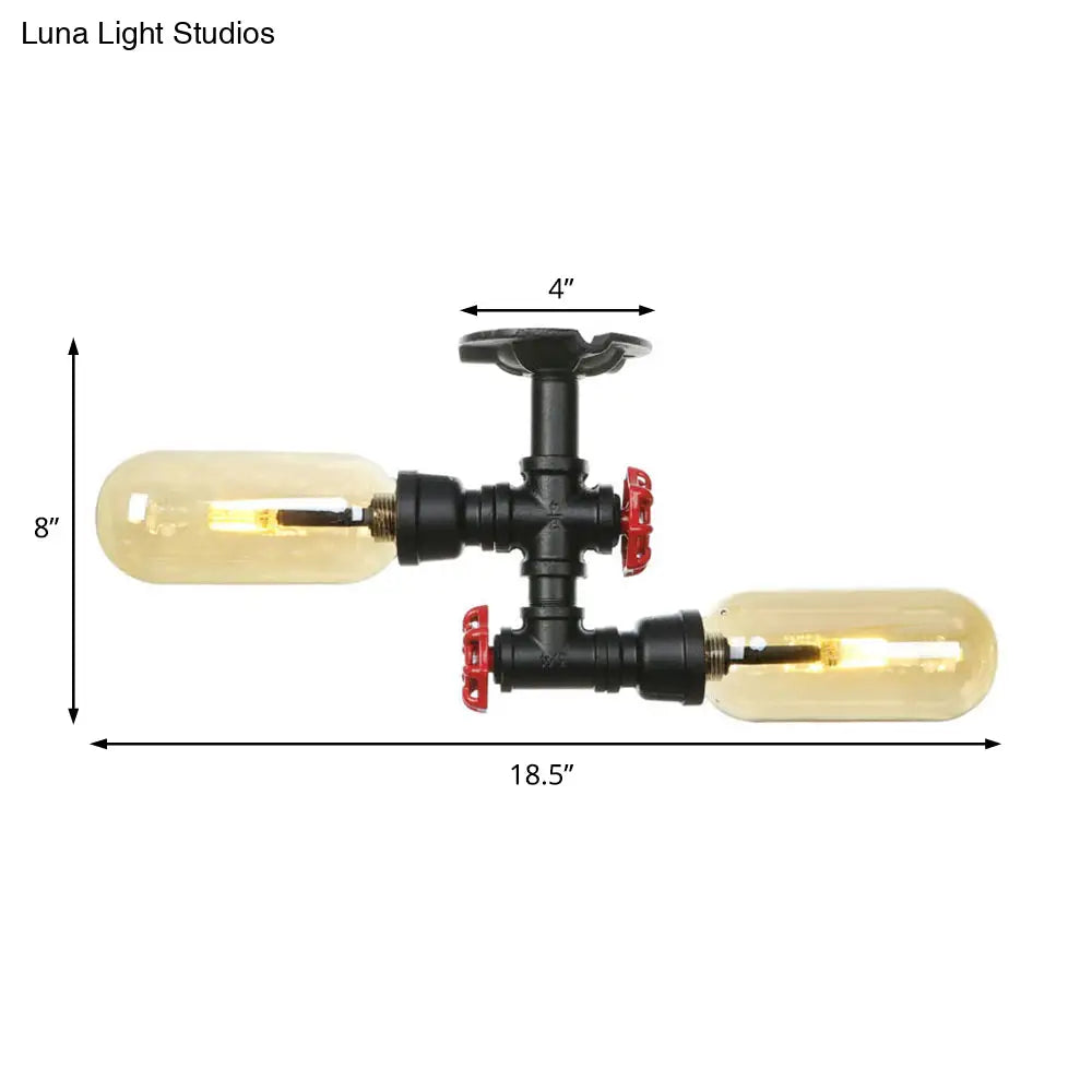 Rustic 2 - Bulb Amber Glass Semi Mount Ceiling Light In Matte Black - Dining Room Lighting With