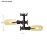 Rustic 2 - Bulb Amber Glass Semi Mount Ceiling Light In Matte Black - Dining Room Lighting With
