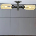 Rustic 2 - Bulb Amber Glass Semi Mount Ceiling Light In Matte Black - Dining Room Lighting With