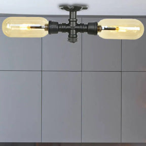 Rustic 2 - Bulb Amber Glass Semi Mount Ceiling Light In Matte Black - Dining Room Lighting With