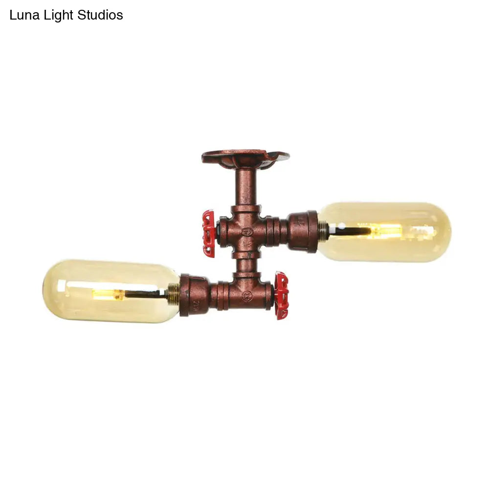 Rustic 2 - Bulb Kitchen Ceiling Light With Amber Glass Shade And Weathered Copper Pipe Design