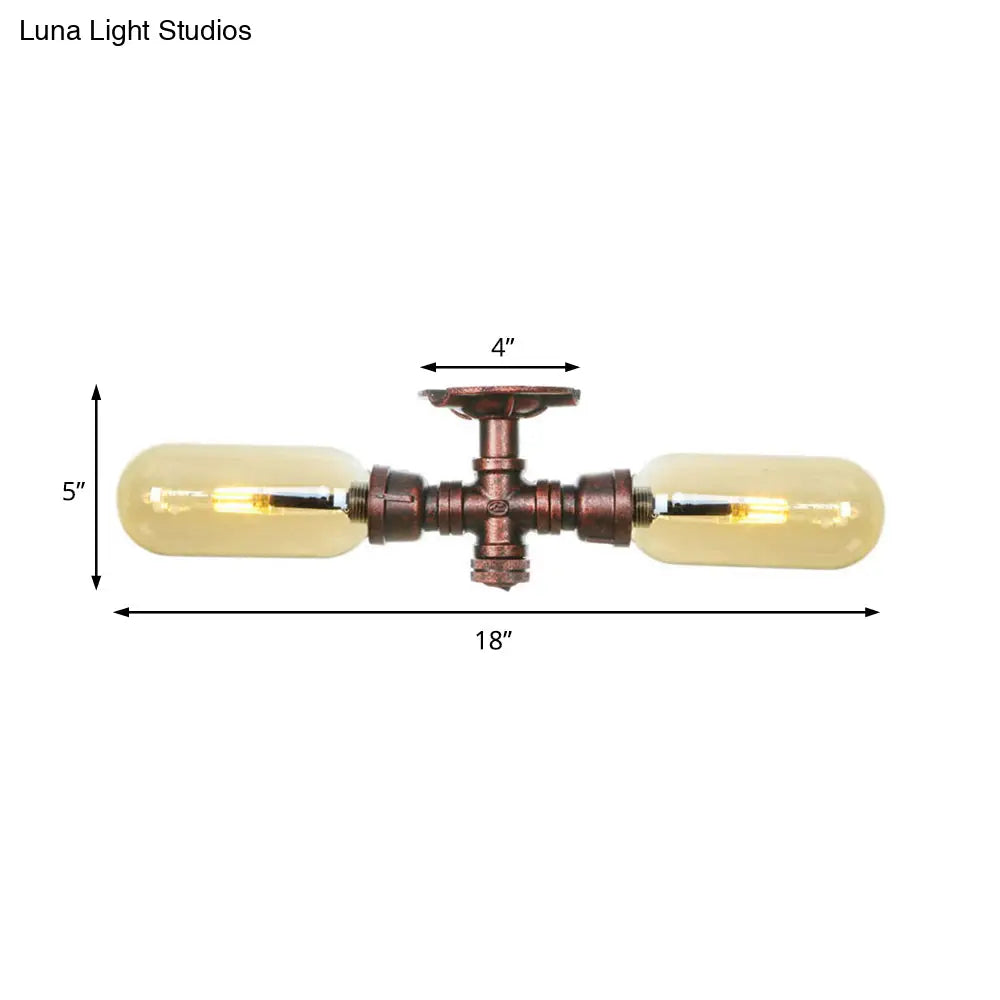 Rustic 2 - Bulb Kitchen Ceiling Light With Amber Glass Shade And Weathered Copper Pipe Design