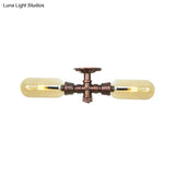 Rustic 2 - Bulb Kitchen Ceiling Light With Amber Glass Shade And Weathered Copper Pipe Design