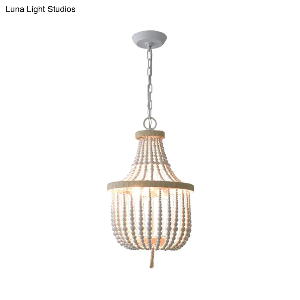 Rustic 2-Head Wood Pendant Chandelier: Handcrafted Beaded Basket Lamp For Restaurants