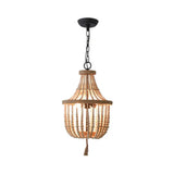 Rustic 2-Head Wood Pendant Chandelier: Handcrafted Beaded Basket Lamp For Restaurants Beige