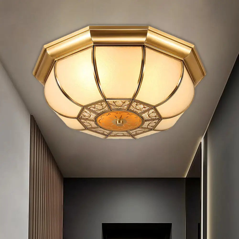 Rustic 3 - Bulb Flush Mount With Countryside Bowl And Frosted Glass Ceiling Lighting In Brass