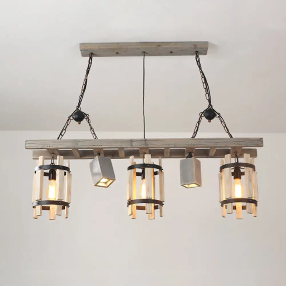 Rustic 5-Light Farmhouse Pendant With Wood Cylinder Frame - Grey/Brown Grey