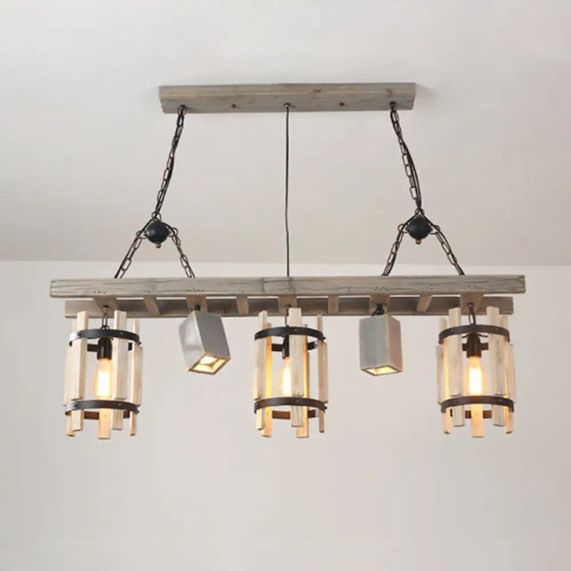 Rustic 5-Light Farmhouse Pendant With Wood Cylinder Frame - Grey/Brown Grey