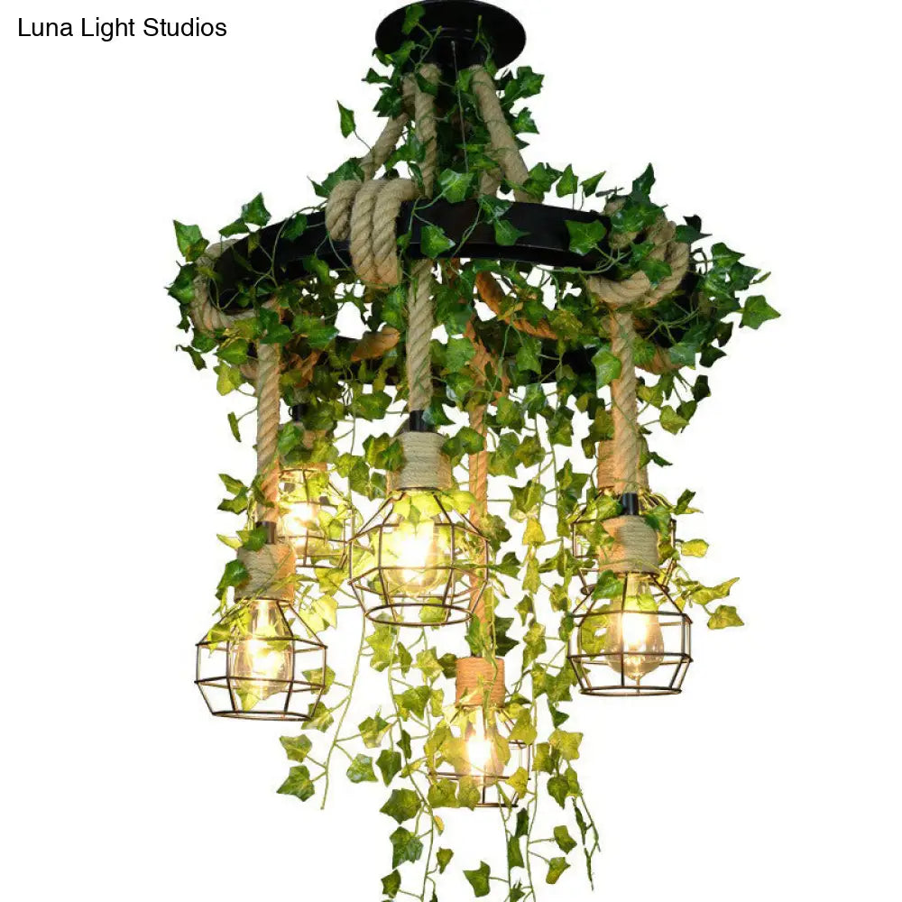Rustic 6-Light Metal Pendant Chandelier With Cage And Fake Plant For Restaurants