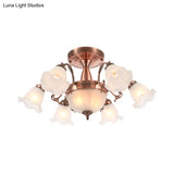 Rustic 8-Bulb Semi Mount Ceiling Lamp With Scroll Arm - Bronze/Brass/Copper Finish And Milky Glass