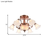 Rustic 8-Bulb Semi Mount Ceiling Lamp With Scroll Arm - Bronze/Brass/Copper Finish And Milky Glass