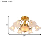 Rustic 8-Bulb Semi Mount Ceiling Lamp With Scroll Arm - Bronze/Brass/Copper Finish And Milky Glass