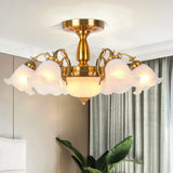 Rustic 8-Bulb Semi Mount Ceiling Lamp With Scroll Arm - Bronze/Brass/Copper Finish And Milky Glass
