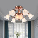 Rustic 8-Bulb Semi Mount Ceiling Lamp With Scroll Arm - Bronze/Brass/Copper Finish And Milky Glass