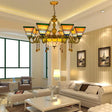 Rustic 9-Light Stained Glass Pyramid Chandelier With Crystal Accents For Bedroom Suspension Yellow