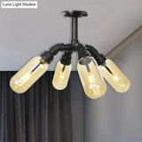 Rustic Amber Glass Ceiling Light With Semi - Flush Design - 4/5/6 Bulbs Matte Black Finish And Pipe