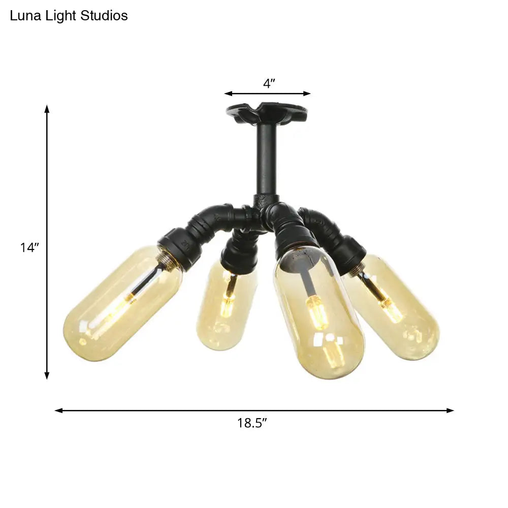 Rustic Amber Glass Ceiling Light With Semi - Flush Design - 4/5/6 Bulbs Matte Black Finish And Pipe